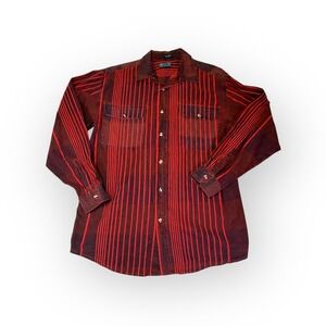 Vintage Sasson Mens M Red Black Stripe Long Sleeve Button Up Shirt 100‎ Cotton